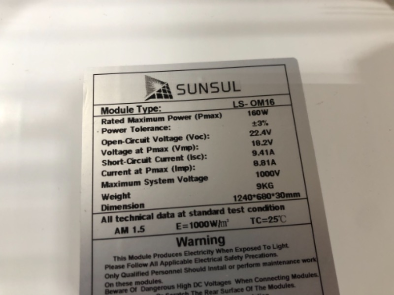 Photo 4 of (Damaged) SUNSUL 160 Watt 12 Volt Monocrystalline Solar Panel, Outdoor Waterproof Mono Solar Panels for 12V Battery, RV Roof, Boat Charging, Caravan, Car, Homes, and Any Other Off-Grid Applications
