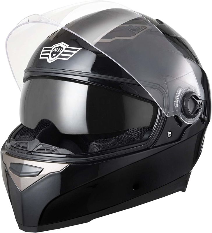 Photo 1 of AHR Motorcycle Full Face Helmet Dual Visor Street Bike Lightweight DOT Approved Helmet Snowmobile Touring Sports for Adult RUN-F (Black, Large)