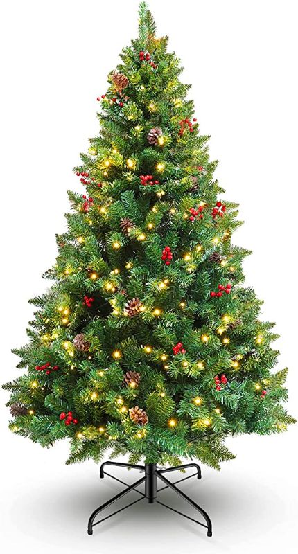 Photo 1 of 6ft Artificial Christmas Tree Prelit, Green Xmas Tree with 350 LEDs Lights and Decorations, Decorated Fake Christmas Tree with Lifelike Branch for Holiday Decoration
