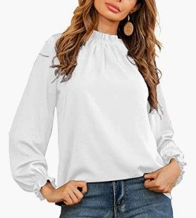 Photo 1 of ALICE CO Women's Frill Mock Neck Flounce Long Sleeve Solid Blouse Office Shirt Top
COLOR WHITE 
SIZE L