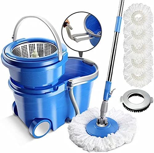 Photo 1 of MASTERTOP Spin Mop Bucket with Wringer Set, 3.17 Gallon Large Bucket, Stainless Steel Floor Mop Handle, Easy Moving with Wheels, 5 Microfiber Mop Refills, 1 Floor Brush
