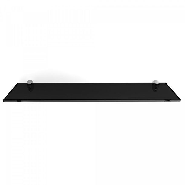 Photo 1 of 6" X 18" Rectangle Floating Black Glass Shelf Kit with 2 Small Peacock Chrome Finish Brackets
