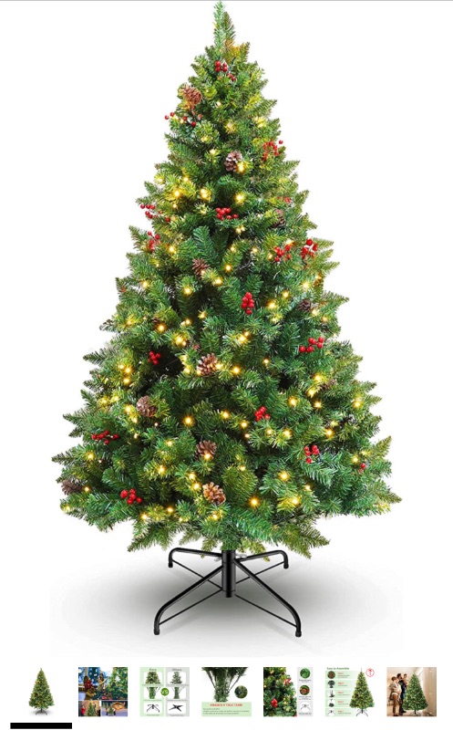 Photo 1 of 6ft Artificial Christmas Tree Prelit, Green Xmas Tree with 350 LEDs Lights and Decorations, Decorated Fake Christmas Tree with Lifelike Branch for Holiday Decoration
