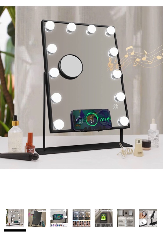 Photo 1 of Hansong Bluetooth Vanity Mirror with Lights and Wireless Charging Hollywood Mirror with Lights and Phone Holder 12 LED Bulbs Upgraded Makeup Mirror with Lights 3 Color Lighting Modes Black