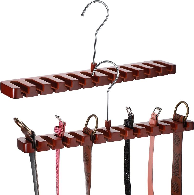 Photo 1 of 2 Pieces Belt Hanger Solid Wooden Belt Organizer Stylish Belt Storage Sturdy Belt Holder Belt Rack Organizer Belt Rack Holder for Closet Storing Belts Tie Scarf (Brown)
