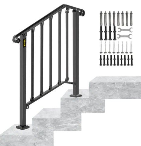 Photo 1 of 2 ft. Handrails for Outdoor Steps Fit 2 or 3 Steps Outdoor Stair Railing Wrought Iron Handrail with baluster, Black
