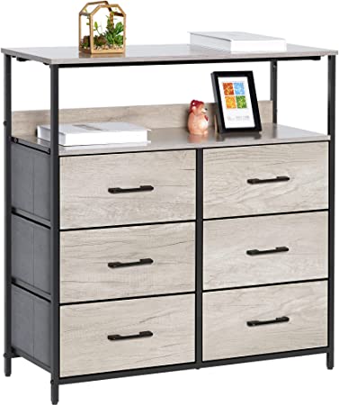 Photo 1 of LYNCOHOME Dresser for Bedroom 6 Drawer Dresser with Shelves Fabric Dresser for Kids Room, Closet, Living Room TV Stand Office Sturdy Steel Frame Wooden Top, Removable Fabric Drawers(Greige)
