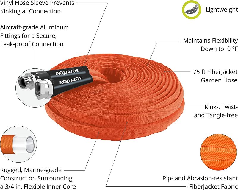 Photo 1 of Aqua Joe AJFJH75-34-CTR Kink-Free Contractor Grade FiberJacket Garden Hose, 3/4-in Max. Water Flow, 650-PSI Burst Rating, BPA/Phthalate/Lead Free, Drinking Safe, For Garden, Auto Care, 75Ft, Orange
