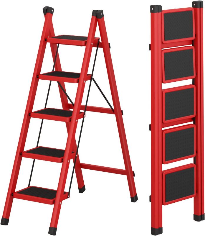 Photo 1 of ***PARTS ONLY***JOISCOPE 5 Step Ladder, Folding Ladder Stool with Non-Slip Widen Steps, Safe and Space-Saving Step Stool , 150 lbs Sturdy Steel Ladder for Home, Kitchen and Outdoor, Red
