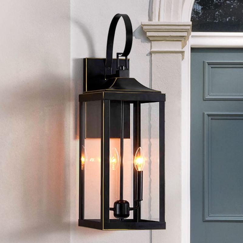 Photo 1 of 2-Light Outdoor Wall Light, Black Exterior Wall Sconce Lantern with Gold Trims, 25.7"Large Traditional Outdoor Porch Lights Wall Mount
