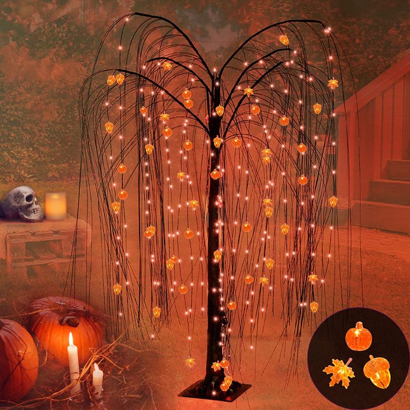 Photo 1 of 5 Feet Light Up Orange Willow Tree Halloween Decorations, 240 LED Black Willow Tree Decor with 20 Pumpkin & 20 Acorns & 20 Maple Leaves Lighted Artificial Tree for Outdoor Indoor Home Yard Party
