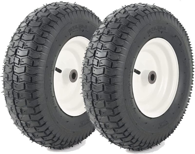 Photo 1 of (2-Pack) 16x6.50-8 Pneumatic Tires on Rim - Universal Fit Riding Mower and Yard Tractor Wheels - With Chevron Turf Treads - 3” Centered Hub and 3/4” Bearings - 615 lbs Max Weight Capacity
