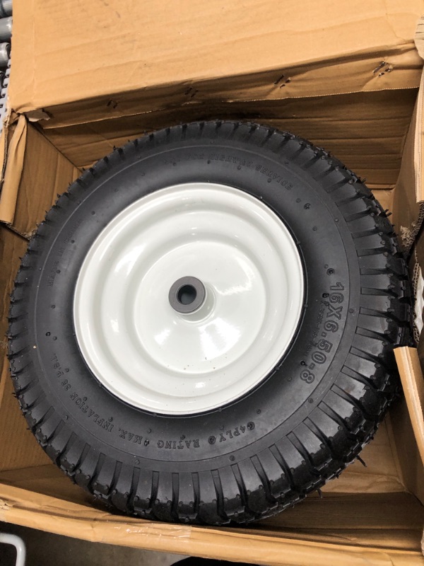 Photo 2 of (2-Pack) 16x6.50-8 Pneumatic Tires on Rim - Universal Fit Riding Mower and Yard Tractor Wheels - With Chevron Turf Treads - 3” Centered Hub and 3/4” Bearings - 615 lbs Max Weight Capacity
