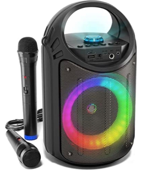 Photo 1 of MASINGO 2023 Bluetooth Karaoke Machine for Kids and Adults with 1 Wireless Karaoke Microphone and 1 Wired Mic - Portable Singing PA Speaker System with LED Party Lights -Top