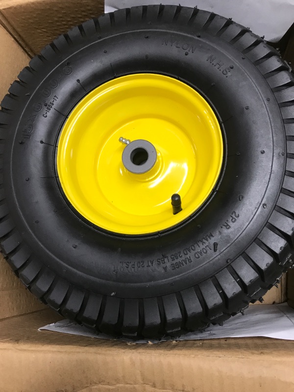 Photo 3 of (2 Pack) AR-PRO Exact Replacement 15" x 6.00 - 6" Front Tire and Wheel Assemblies for John Deere Riding Mowers - Compatible with John Deere 100 and D100 Series - 3” Hub Offset and 3/4” Bushings 15" x 6.00-6" Yellow