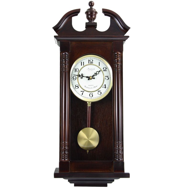 Photo 1 of BED-1912 27.5 in. Classic Chiming Wall Clock with Swinging Pendulum, Cherry Oak Finish
