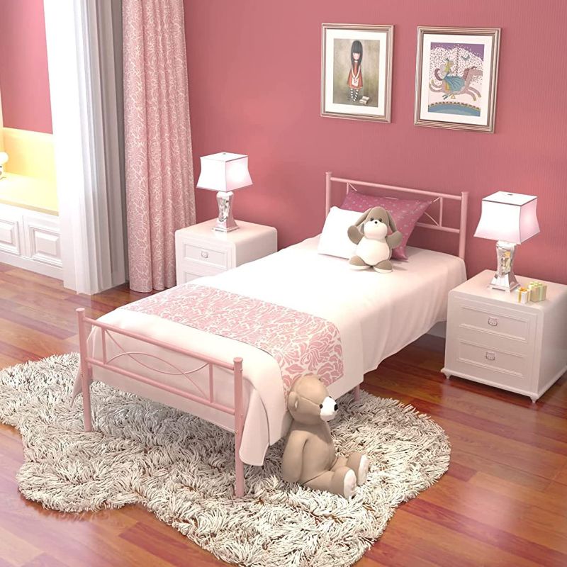 Photo 1 of Pink Twin Bed Frame for Girls,Bed Mattress Foundation Support with Headboard and Footboard No Box Spring Need Metal Platform Bed
