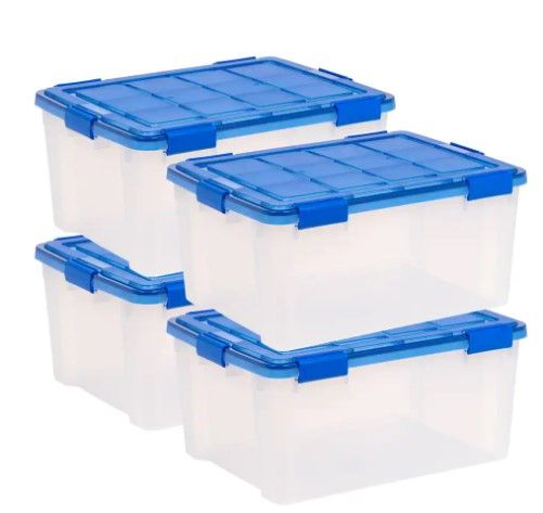 Photo 1 of 15 Gal. Lockable Plastic Storage Tote in Clear with Sturdy Blue Lid and Buckles (4-Pack)
