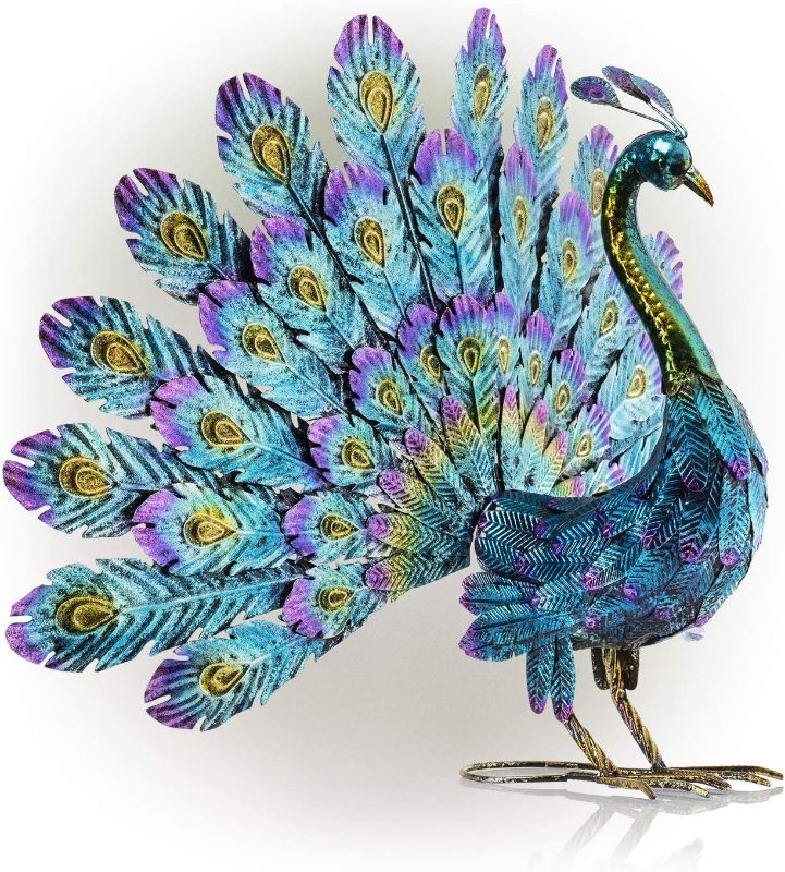 Photo 1 of Alpine Corporation JUM232 Metal Peacock Outdoor Statue, 32" L x 12" W x 23" H, Multi-Color
