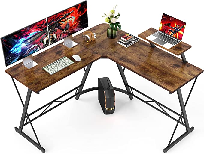 Photo 1 of Mr IRONSTONE L Shaped Desk, Computer Corner Desk, Home Gaming Desk, Office Writing Workstation with Large Monitor Stand, Space-Saving, Easy to Assemble, (Rustic Brown)
