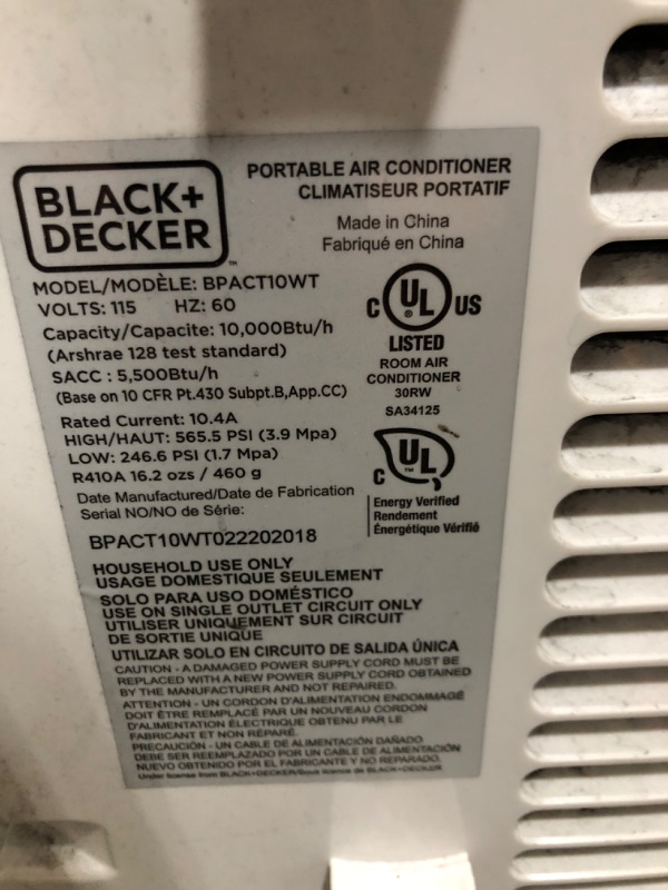 Photo 6 of BLACK+DECKER BPACT10WT AC with Remote Control Portable Air Conditioner, 10,000 BTU, White
