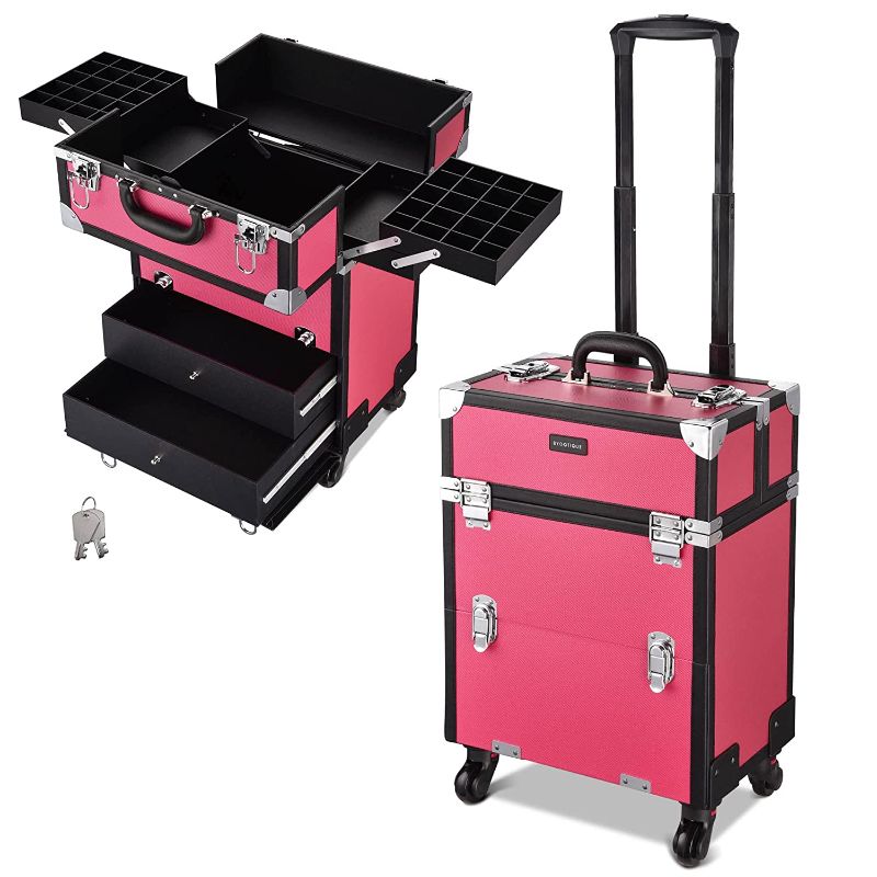 Photo 1 of BYOOTIQUE Rolling Makeup Train Case Cosmetic Organizer Trolley 2 Drawers Sliding Trays Beauty Salon Lockable Nail Polish Organizer Case
