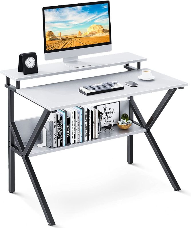 Photo 1 of *BROKEN BOARD* ODK Small Computer Desk, 27.5 inch Home Office Study Writing Table with Monitor Storage Shelf, Modern Simple Style Compact Laptop Desk for Small Spaces, White
