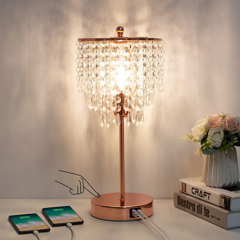 Photo 1 of 2 lamps
Crystal Touch Control Table Lamp with Dual USB Charging Ports, 3 Way Dimmable Rose Gold Lamp, Bedside Nightstand Lamp with Crystal Shade, Ambient Light for Bedroom, Girls Room, B11 LED Bulb Included
