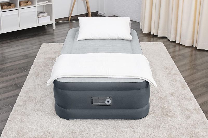 Photo 1 of **large tear needs to be patched**
SLEEPLUX Twin Air Mattress | Supersoft Snugable Top, Extra Durable Tough Guard with Built-in Pillow | Raised 18" Airbed with Built in Pump + USB Charger (69086E) , Grey
