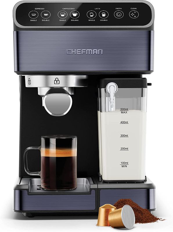 Photo 1 of Chefman 6-in-1 Espresso Machine, Powerful 20-Bar Pump, Nespresso® Capsule or Ground Coffee Compatible, Milk Reservoir & Frother for Cappuccinos & Lat
