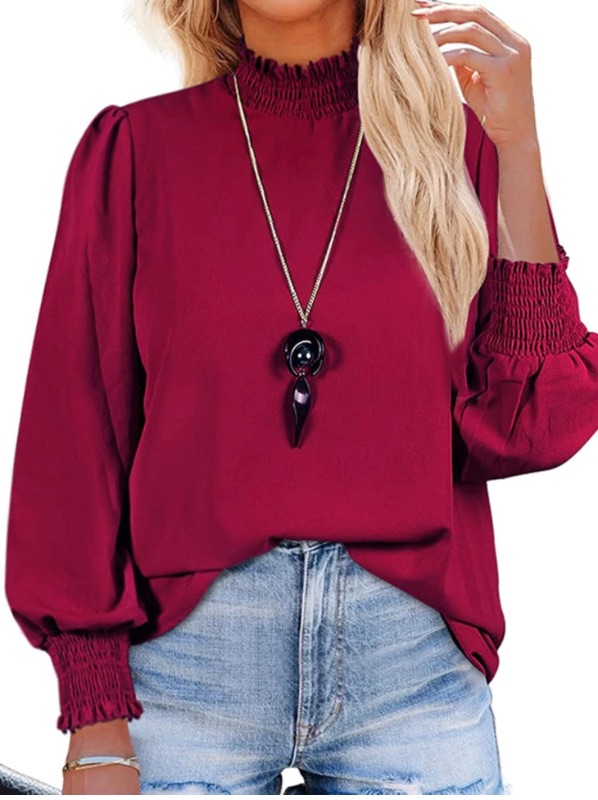 Photo 1 of Women's Puff Sleeve Ruffle Mock Neck Casual Loose Back Zip Up Chiffon Blouse Work Shirts Tops