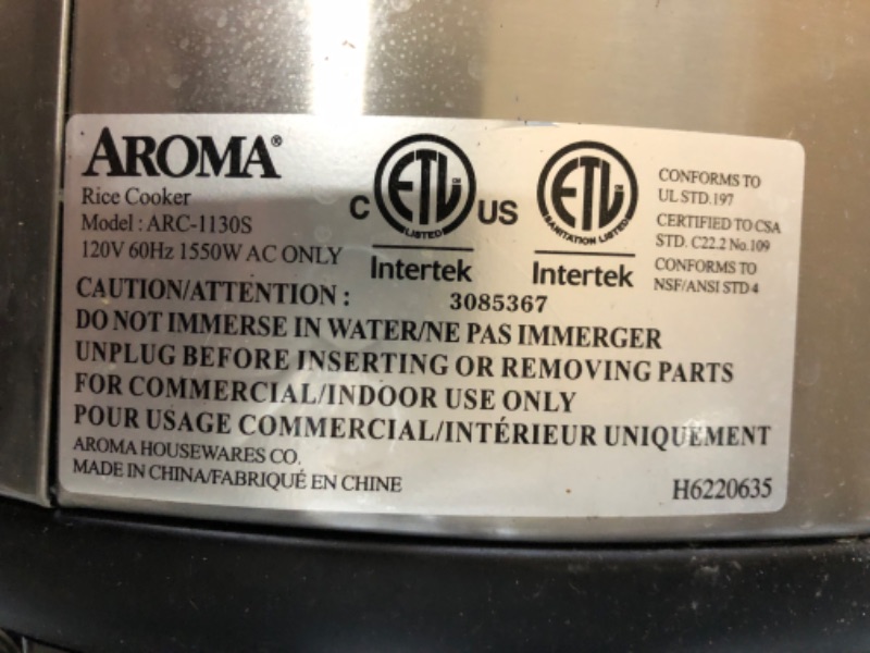 Photo 3 of (Used) Aroma Housewares 60-Cup (Cooked) (30-Cup UNCOOKED) Commercial Rice Cooker, Stainless Steel Exterior (ARC-1130S)
