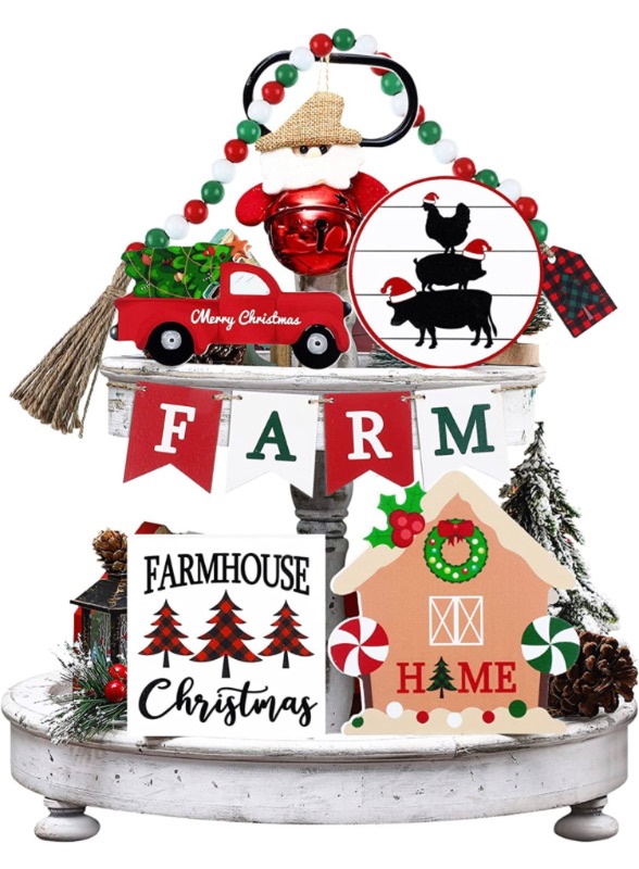 Photo 1 of 10 Pieces Christmas Tiered Tray Decor Winter Wood Tabletop Signs Christmas Farmhouse Decors Rustic Xmas Decor Decorative Signs and Plaques Wooden Beads Truck for Holiday Party Decor (Farm)