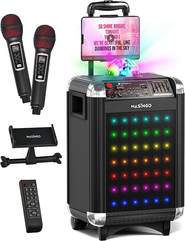 Photo 1 of MASINGO Karaoke Machine for Adults & Kids with 2 UHF Wireless Microphones - Portable Singing PA Speaker System w/ Two Bluetooth Mics, Party Lights, Lyrics Display Holder & TV Cable - Soprano X1 Black