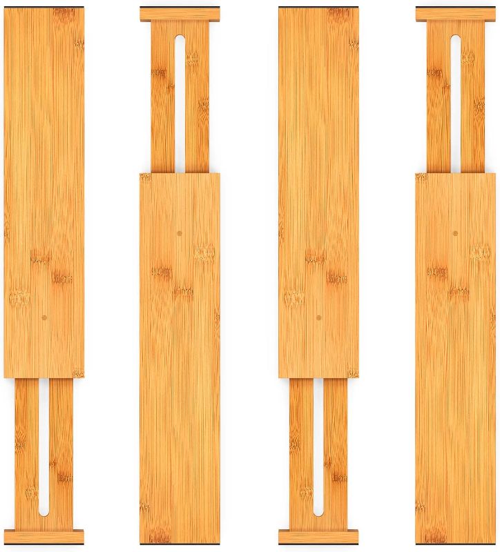 Photo 1 of 4-Pack Bamboo Drawer Dividers, 17.5-20.8" Adjustable Separators Expandable Drawer Divider Organizers Kitchen Utensils Organization Extra Long for Dresser Bedroom Bathroom Office 2.5" High by Pipishell
