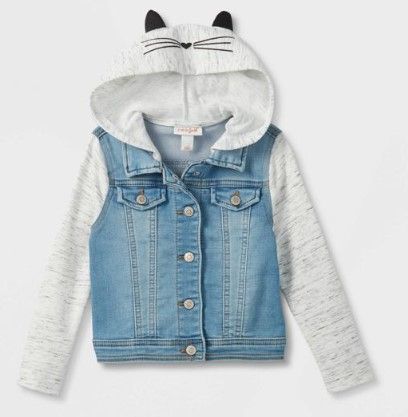 Photo 1 of LARGE 10/12---- Toddler Girls' Cat Hood Denim Jacket - Cat & Jack™ Medium Wash

 