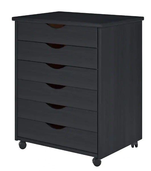 Photo 1 of Black 6-Drawer Solid Wood Wide Roll Cart
