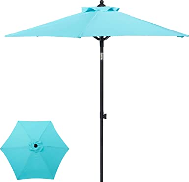 Photo 1 of SUNA OUTDOOR 7Ft Patio Market Umbrella Outdoor Table Umbrellas Push Up with 6 Sturdy Ribs, Adjustable Height and Tilt Pole, Easy Push Up Open, for Garden Deck Commercial, Blue
