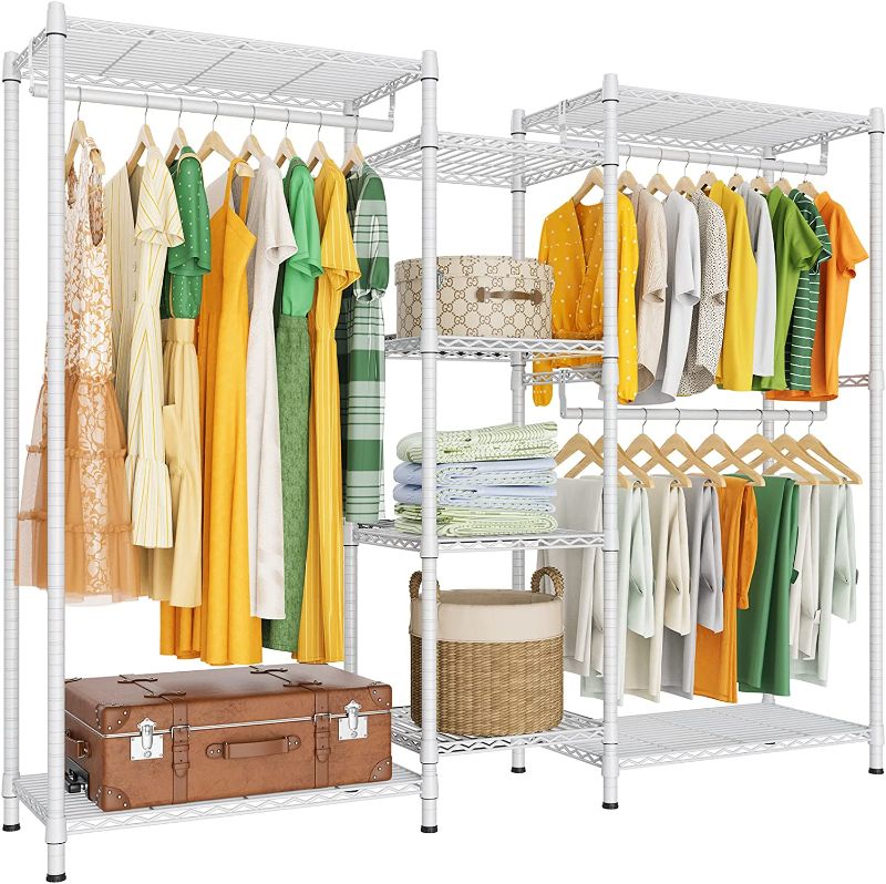 Photo 1 of LEHOM G6 Wire Garment Rack Heavy Duty Clothes Rack Compact Large Size Armoire Storage Rack Freestanding Metal Clothing Rack Closet Wardrobe with 3 Hanger Rod and 4 Large Shelves 4 Small Shelves, White
