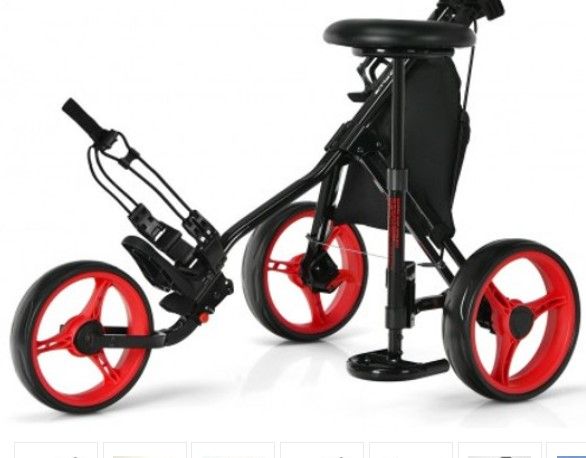 Photo 1 of 3 Wheels Folding Golf Push Cart With Seat Scoreboard And Adjustable Handle-Red SP37603RE
