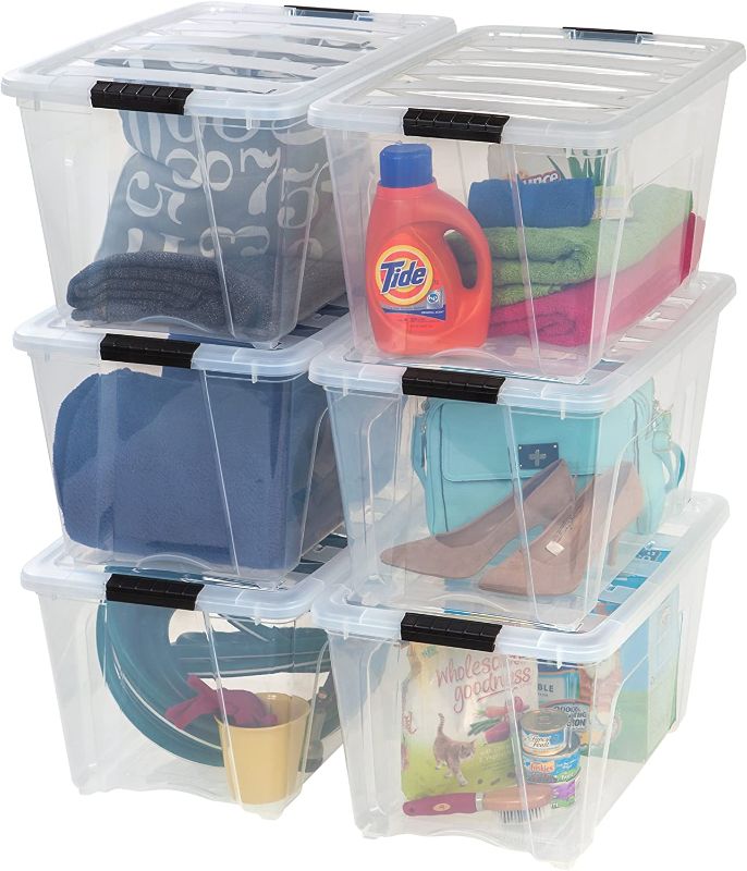 Photo 1 of IRIS USA 53 Qt. Plastic Storage Bin Tote Organizing Container with Durable Lid and Secure Latching Buckles, Stackable and Nestable, 6 Pack, clear with Black Buckle
