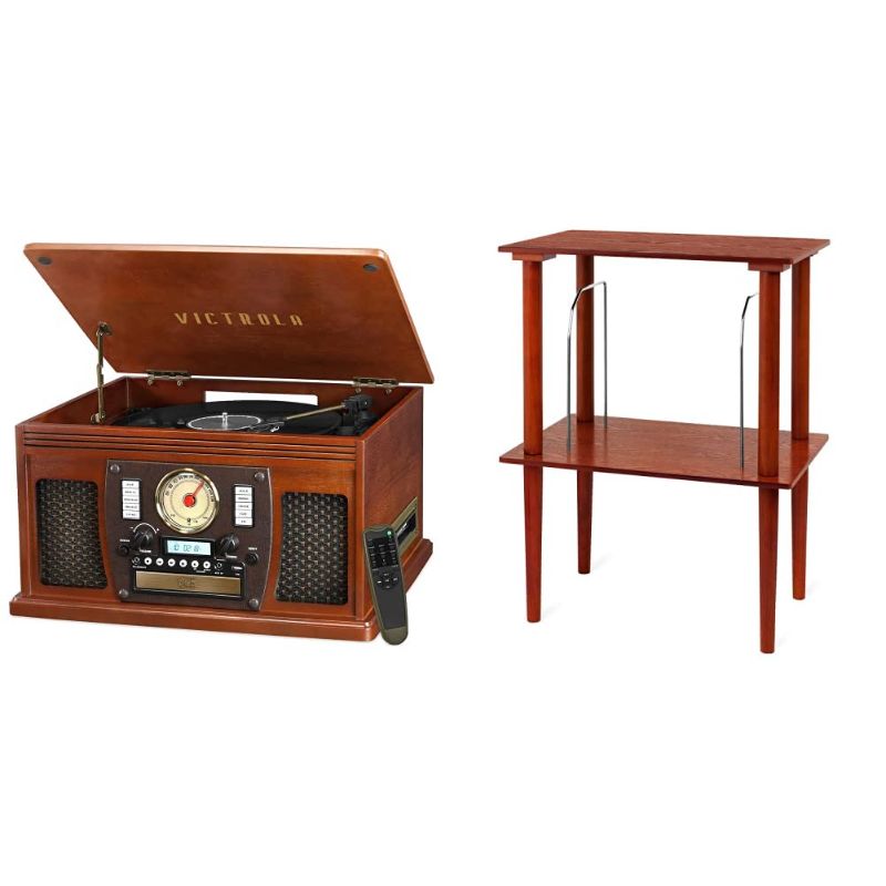 Photo 1 of Victrola Navigator 8-in-1 Classic Bluetooth Record Player with USB Encoding and 3-Speed Turntable Bundle with Victrola Wooden Stand for Wooden Music Centers with Record Holder Shelf, Mahogany