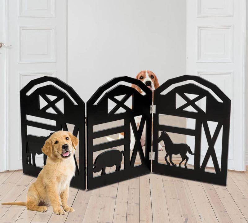 Photo 1 of Bundaloo Freestanding Dog Gate Expandable Decorative Wooden Fence for Small to Medium Pet Dogs, Barrier for Stairs, Doorways, & Hallways (Farm Animals - Black)
