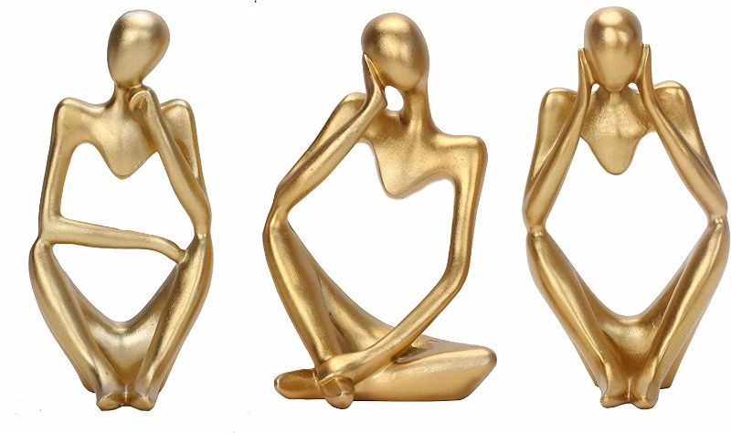 Photo 1 of 3 Piece The Thinker Statue Gold Decor Accents Abstract Sculpture Bookshelf Decor Gold Resin Thinker Statues for Home Office Desk Desktop Living Room Decor Collection Cute Accent Figurine
