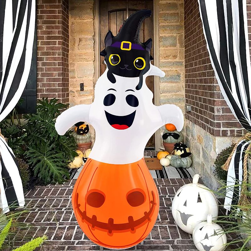 Photo 1 of 4.9Ft Halloween Inflatables Decorations Outdoor - Blow Up Tumbler, Pumpkin Ghost and Witch’s Cat, Yard/Garden/Fall Display Indoor Party Decor Supplies
