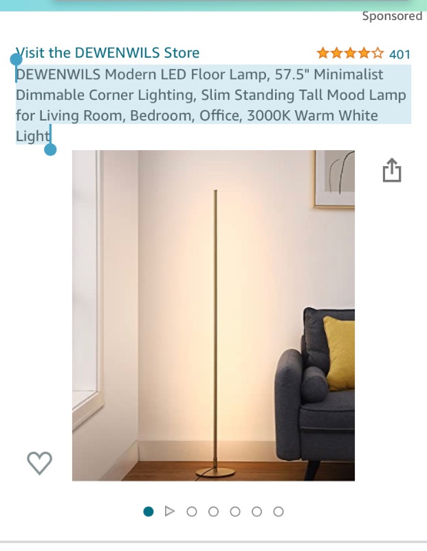 Photo 1 of DEWENWILS Modern LED Floor Lamp, 57.5" Minimalist Dimmable Corner Lighting, Slim Standing Tall Mood Lamp for Living Room, Bedroom, Office, 3000K Warm White Light