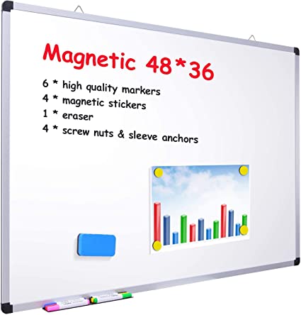 Photo 1 of 48" x 36" Dry Erase Board, Ohuhu Magnetic Large Whiteboard/White Board with 6 Color Dry Erase Markers, 4 x Magnetic Stickers, 1 x Eraser, 4 x Screw Nuts & Sleeve Anchors, Aluminum Frame, Silver
