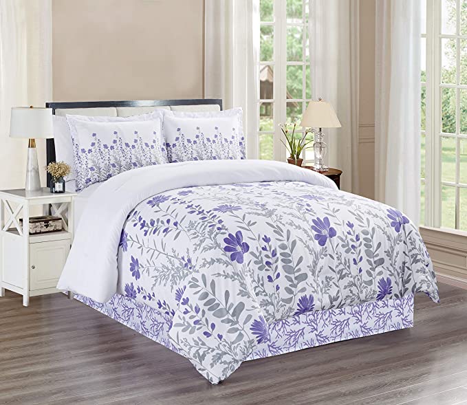 Photo 1 of 4-Piece CAL King Size Fine Printed Comforter Set Reversible Soft Down Alternative Bedding (Purple, Grey, Floral, Vine)
