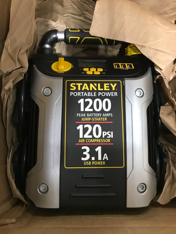 Photo 2 of **PARTS ONLY*****AIR COMPRESSOR DOESNT WORK*** STANLEY J5C09D Digital Portable Power Station Jump Starter: 1200 Peak/600 Instant Amps, 120 PSI Air Compressor, 3.1A USB Ports, Battery Clamps

