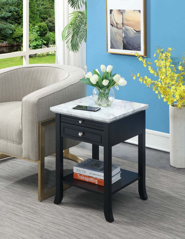 Photo 1 of 7102045WMBL American Heritage Logan End Table with Drawer & Slide, White Faux Marble & Black - 24.25 X 18 X 18 in.
